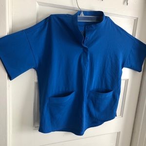 Cobalt blue mandarin collar scrub top